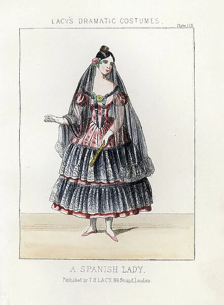 Costume of a Spanish lady, 19th century. She wears a black mantilla, red bodice and dress decorated with black lace ruffles, gloves, and hold a fan. Handcoloured lithograph from Thomas Hailes Lacy's ' Female Costumes Historical