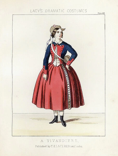 Costume of a vivandiere or female sutler with the French army, 19th century. Handcoloured lithograph from Thomas Hailes Lacy's '' Female Costumes Historical, National and Dramatic in 200 Plates,' London, 1865