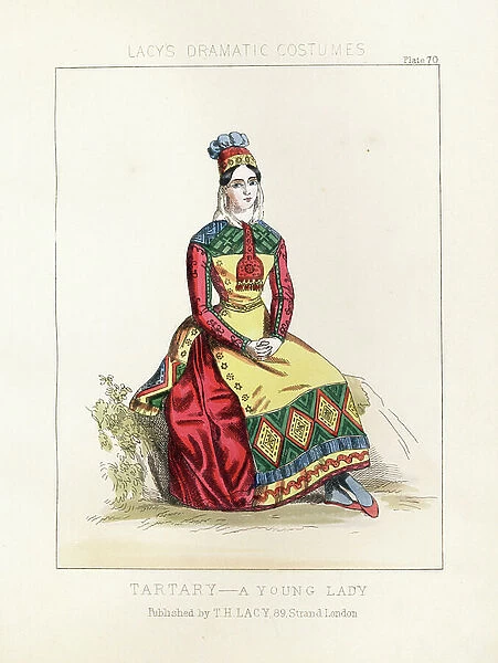 Costume of a young Tartar woman, 19th century. Handcoloured lithograph from Thomas Hailes Lacy's ' Female Costumes Historical, National and Dramatic in 200 Plates, ' London, 1865