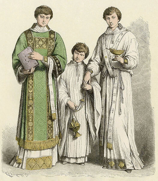 Costumes of the clergy of the Roman Catholic Church, a deacon in Dalmatics (left), a choir child and a sub deacon, 16th and 17th centuries. Old colour lithograph