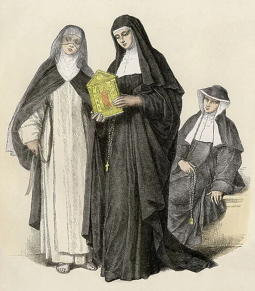 Costumes of the clergy of the Roman Catholic Church: the Augustine nuns (Augustine religious order), late 18th century. 19th century lithography