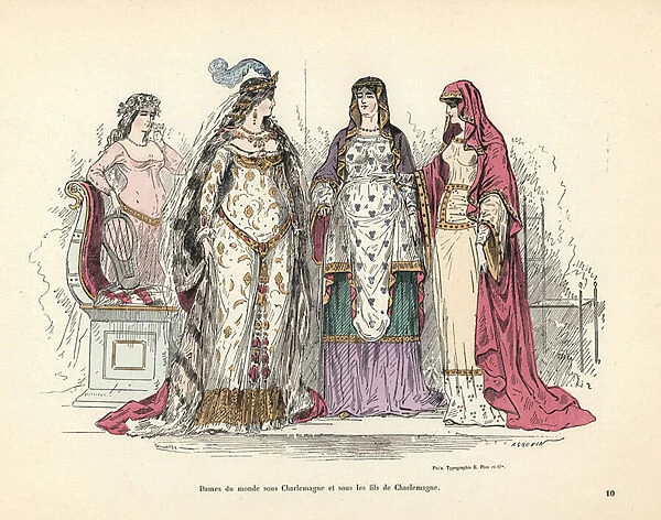 Costumes of noble women of the era of Charlemagne and his sons. 1850 (engraving)