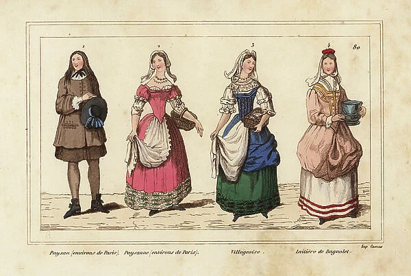 Costumes of the peasantry, France, 18th century. Peasants (near Paris), villager and milkmaid of Bagnolet. Handcoloured lithograph after portraits in Roger de Gaignieres gallery portfolios from Le Bibliophile Jacob aka Paul Lacroix's Costumes