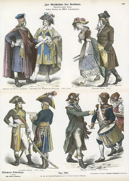 Costumes of Revolutionary France, late 18th Century (coloured engraving)