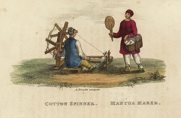 Cotton spinner and mantua maker, Qing Dynasty China. Woman spinning thread on a spinning wheel, and itinerant clothes maker with her tools in a basket. Handcoloured copperplate engraving by Andrea Freschi after Antoine Cardon