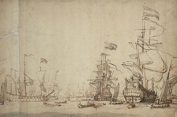 A council-of-war in the Dutch fleet? May 1665, c.1674 (pen, brown ink, grey wash)
