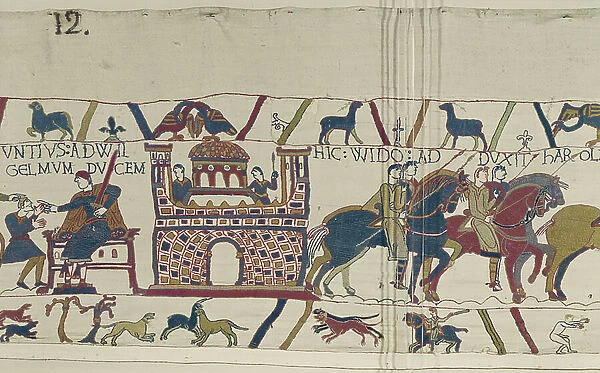 Count Guy takes Earl Harold to William, Duke of Normandy, Bayeux Tapestry (wool embroidery on linen)