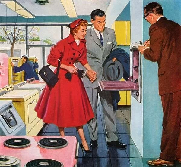 Couple in an Appliance Store Buying a New Wall Oven, 1956 (screen print)