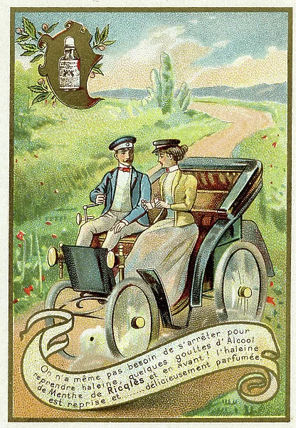 A couple in a car drinks a glass of mint alcohol from ' Ricqles'.Chromolithography around 1890