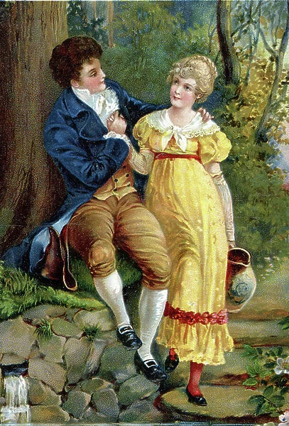 Couple of lovers in the forest. Chromolithography late 19th century