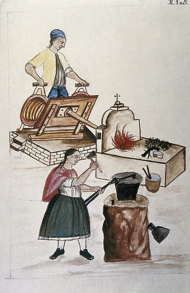 Couple of Moyobamma metisses working iron in a forge, from the book '