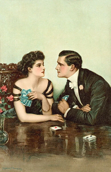 Couple playing cards (colour litho)