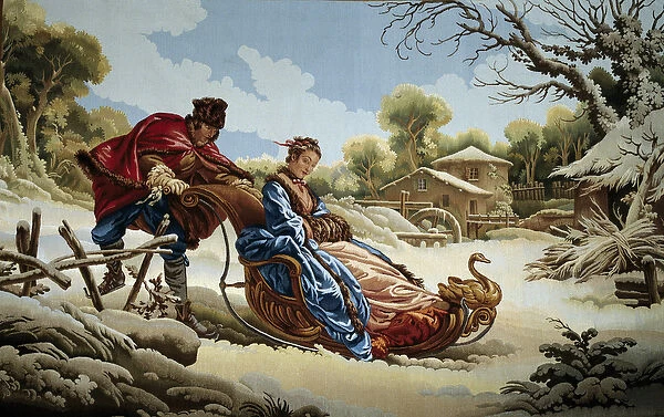 A couple on a sleigh in Russia Tapestry of Aubussons manufactures. 18th century