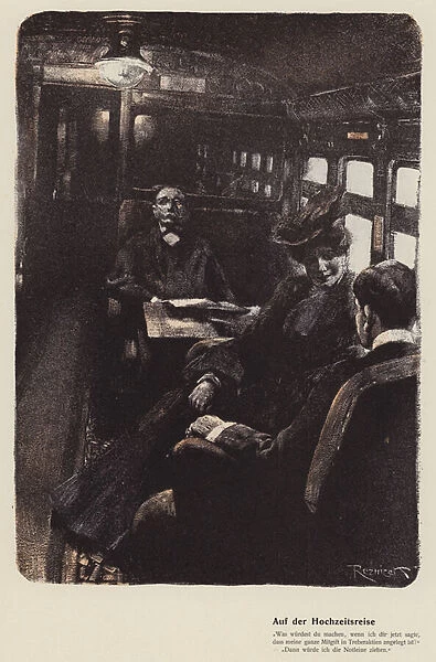 Couple travelling by train on their honeymoon (colour litho)