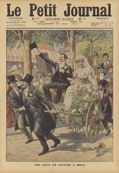 A couple travelling to their wedding in a handcart (colour litho)