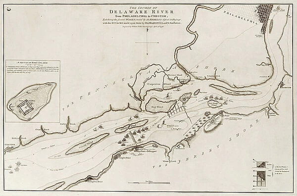 The course of Delaware River from Philadelphia to Chester, North America, 1778 (coloured engraving)