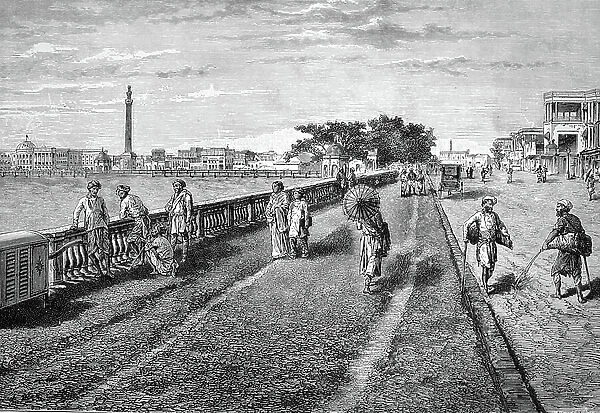 Course road in Calcutta, India, historical illustration, wood engraving, circa 1888
