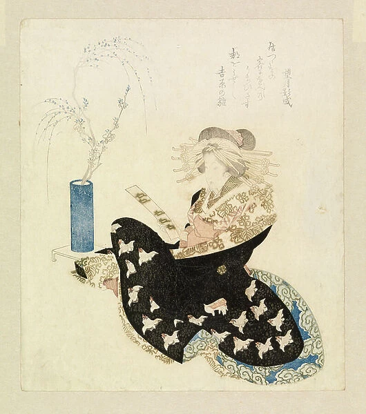 Courtesan reading a tanzaku (colour woodcut)