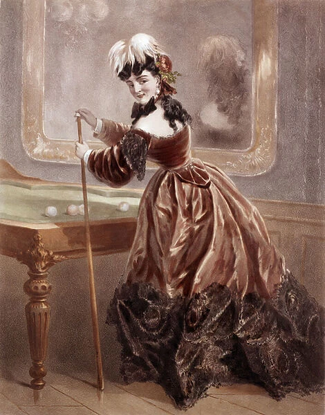 A courtesan at the time of the 2nd Empire playing billiards (colour engraving)