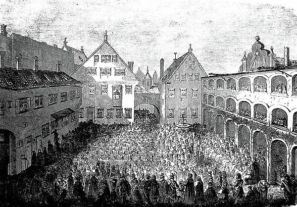 The courtyard of the college of St. Anna in Augsburg, 1632, Germany, woodcut from 1864