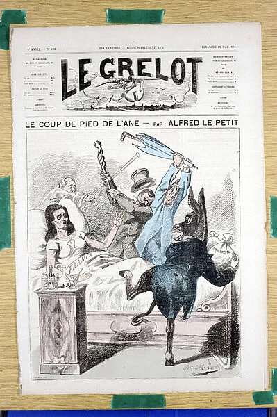 Cover of Le Grelot, number 162, Satirique en Couleurs, 1874_5_17: Le coup de l donkey - Marianne, Ane, Legitimist, Orleaniste, Bonaparte Roland, dit prince Bonaparte (1858-1924)