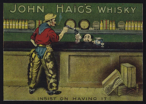 Cowboy in a saloon, advertisment for John Haigs whisky (chromolitho)