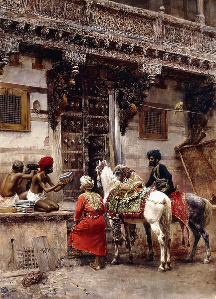 Craftsman Selling Cases by a Teak-Wood Building, Ahmedabad, c. 1885 (oil on canvas)