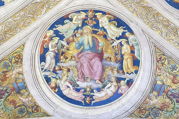 Creator enthroned among angels and cherubs, 1508, Pietro Vannucci, called the Perugino, fresco, ceiling of the room of the fire in the borgo, Raphael's rooms, vatican museums, Rome, Italy