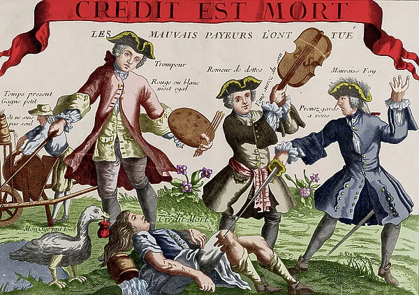 Credit is dead : bad payers had killed him, cartoon, engraving, colourized document, 18th century