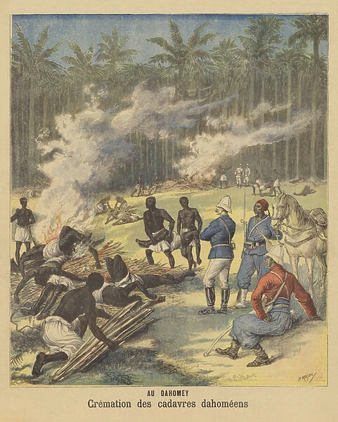Cremation of the bodies of dead Dahomeans, Dahomey (colour litho)