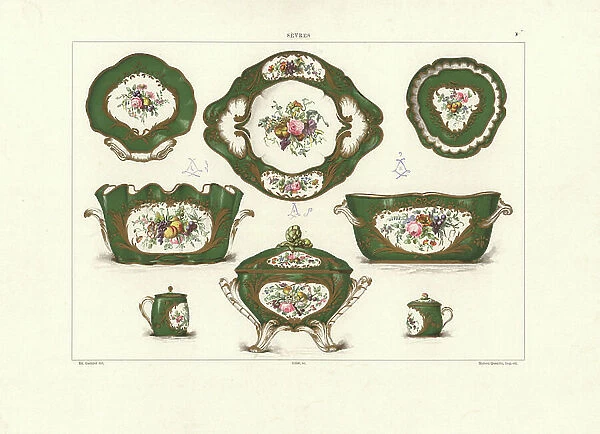 Crockery service of plates, tureens, bowls and cups with lids owned by Baron Alphonse de Rothschild with flowers painted by Dubois, Parpette, Merault Jr. 1760