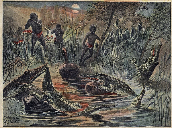Crocodile hunt in Niger with a child for bait. Illustration in '