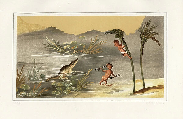 Crocodile and pygmies from the House of the Pygmies (Casa dei Pygmeii) 9, Regio IX, Insula V. Chromolithograph by J.G. Bach after an illustration by Miss Amy Butts from Emile Presuhn (1844-1878)