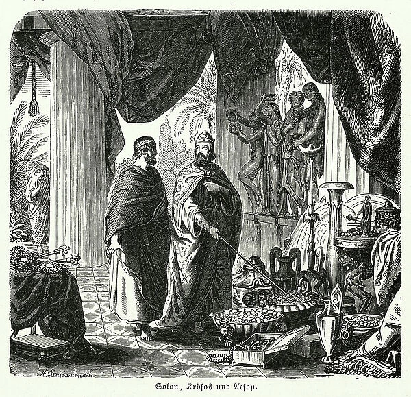 Croesus showing Solon his wealth (engraving)