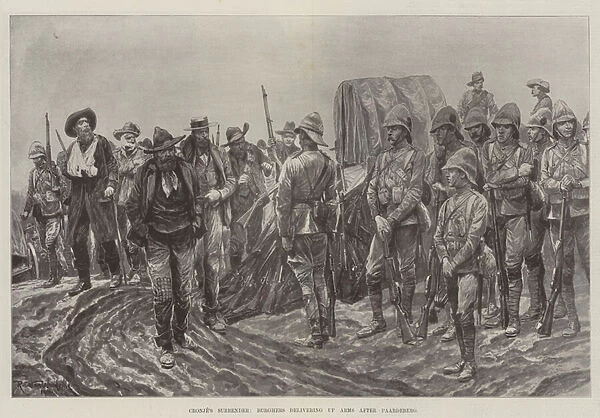 Cronjes Surrender, Burghers delivering up Arms after Paardeberg (litho)