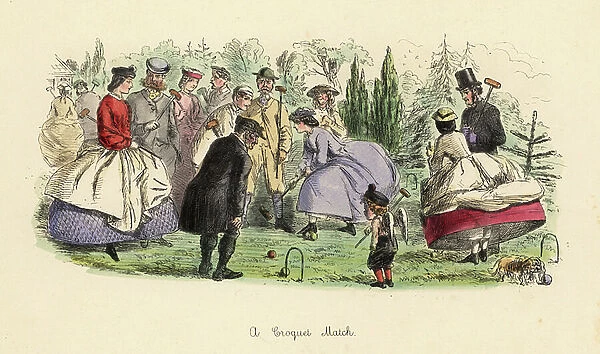 Croquet Match, 1862. Victorian gentlemen and ladies playing the fashionable game of croquet. A woman steps on a ball to croquet her male opponent, while another lady shows her ankles under her crinoline skirts