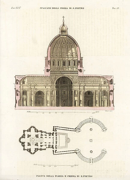 Cross-section and plan of St Peters Basilica, Rome