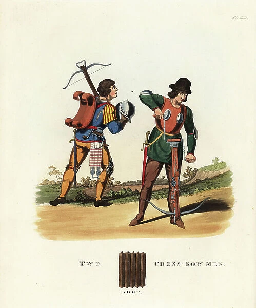 Two crossbow men, 1423. Man stringing a great stirruped crossbow, with his foot in the stirrrup and winding on a moulinet and pulleys. He wears a leather jacket with mamellieres and elbow plates