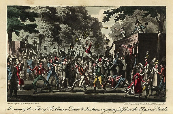 A crowd catching bread, sausages and wine thown from booths on the Champs Elysees. Morning of the Fete of St. Louis, or Dick and Jenkins enjoying Life in the Elysian Fields