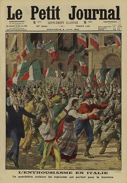 Crowds cheering regiments of Italian soldiers on their way to the front line, World War I, 1915 (colour litho)