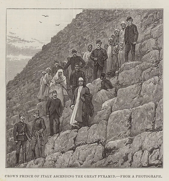 Crown Prince of Italy ascending the Great Pyramid (engraving)