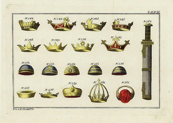 Crowns of Clovis, Theodoric, Clotilde and Ultrogotha, 144-147, of the Franks 148, 149, 152-156, of Chlothar I and Fredegund 150, 151, of Charlemagne 157-160, Childeric I's signet ring, 161, and Childeric's sword 162