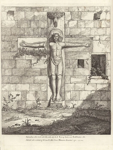A Crucifix on the outside wall of the south cross aisle of Rumsey Church (engraving)