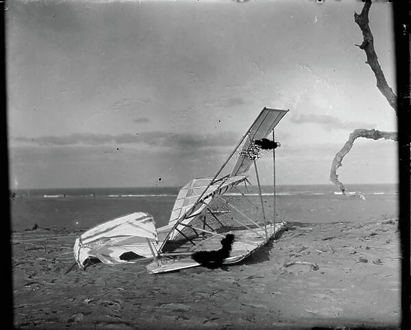 Crumpled glider wrecked by the wind on Hill of the Wreck, October 10th 1900