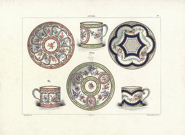 Cups and saucers of the Carree style: with flowers by Huny, gilt by Chauveau; with flowers by Niquet, gilt by Vincent 1781; and with flowers by Catrice? 1766