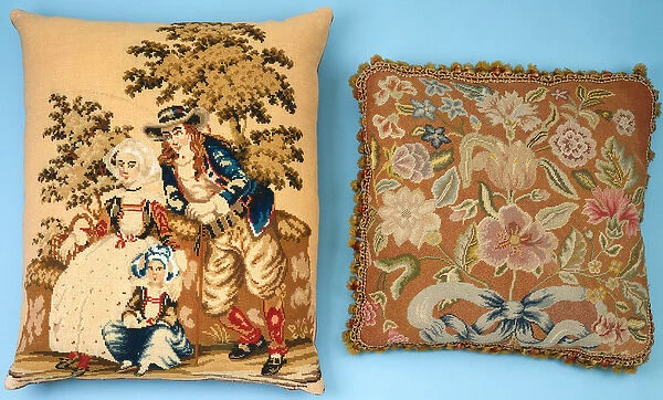 Two cushions with needlework panels worked in coloured silks & wools (silk, wool)