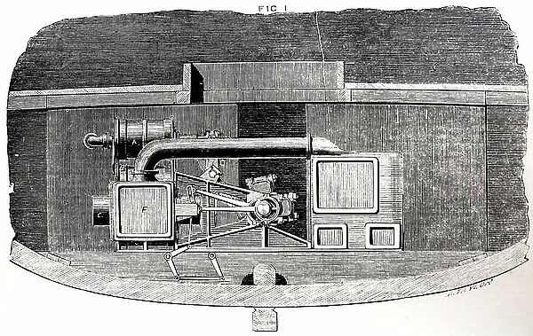 Cutaway view of a steam turbine engine in a small vessel, 1850