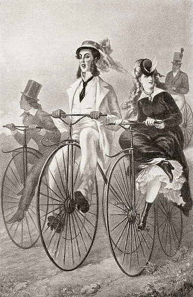 Two cyclists on Penny Farthing bicycles in the 19th century. From Illustrierte Sittengeschichte vom Mittelalter bis zur Gegenwart by Eduard Fuchs, published 1909