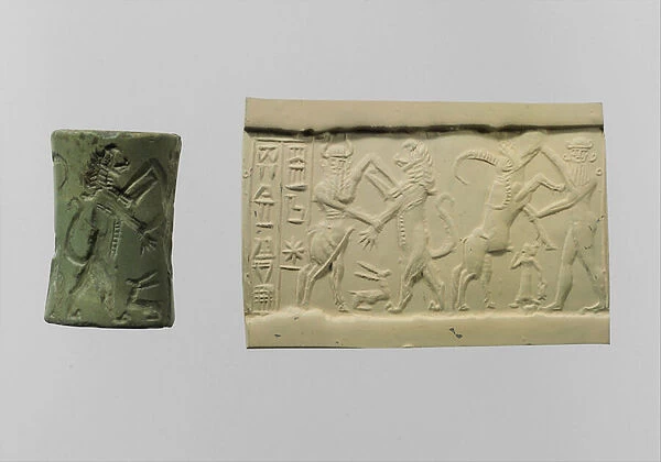 Cylinder seal of combat with modern impression c. 2250-2150 B. C. (albite)
