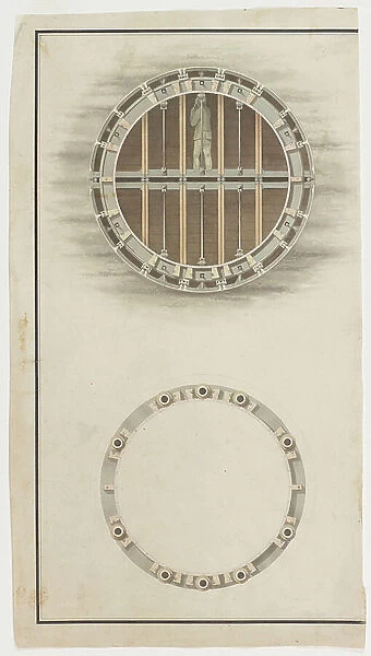 Cylindrical tunnelling shield (two views), 1818, (watercolour on paper)